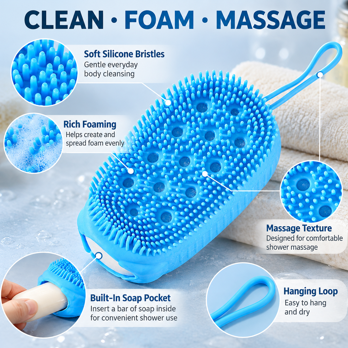 Silicone Body Scrubber with Soap Holder, Back Scrubber Shower Brush with Soft Silicone Bristles, Exfoliating Bath Brush for Men Women, Deep Cleansing Massage Body Wash Tool