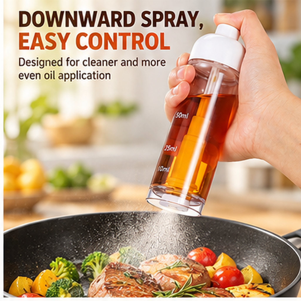 Cooking Oil Sprayer Bottle 50ml, Refillable Downward Spray Oil Dispenser with Vertical Press Design, Transparent Bottle & Measurement Scale for Air Fryer, BBQ, Salad, Baking and Kitchen Use