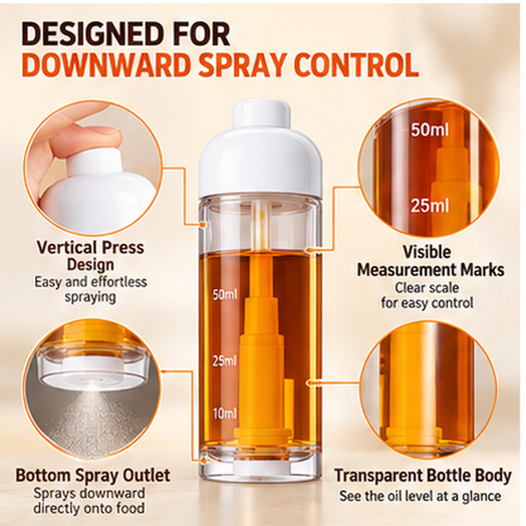 Cooking Oil Sprayer Bottle 50ml, Refillable Downward Spray Oil Dispenser with Vertical Press Design, Transparent Bottle & Measurement Scale for Air Fryer, BBQ, Salad, Baking and Kitchen Use