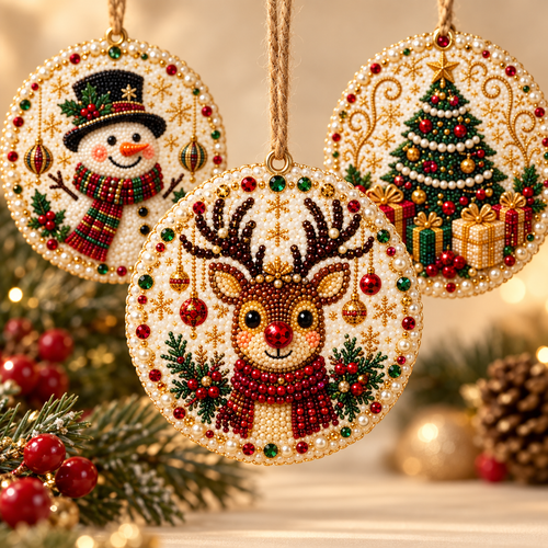 6-Piece DIY Christmas Ornament Diamond Art Kit with Pearls & Jute Twine, Hanging Decorations for Tree and Window