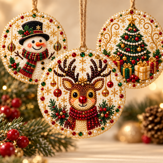 6-Piece DIY Christmas Ornament Diamond Art Kit with Pearls & Jute Twine, Hanging Decorations for Tree and Window