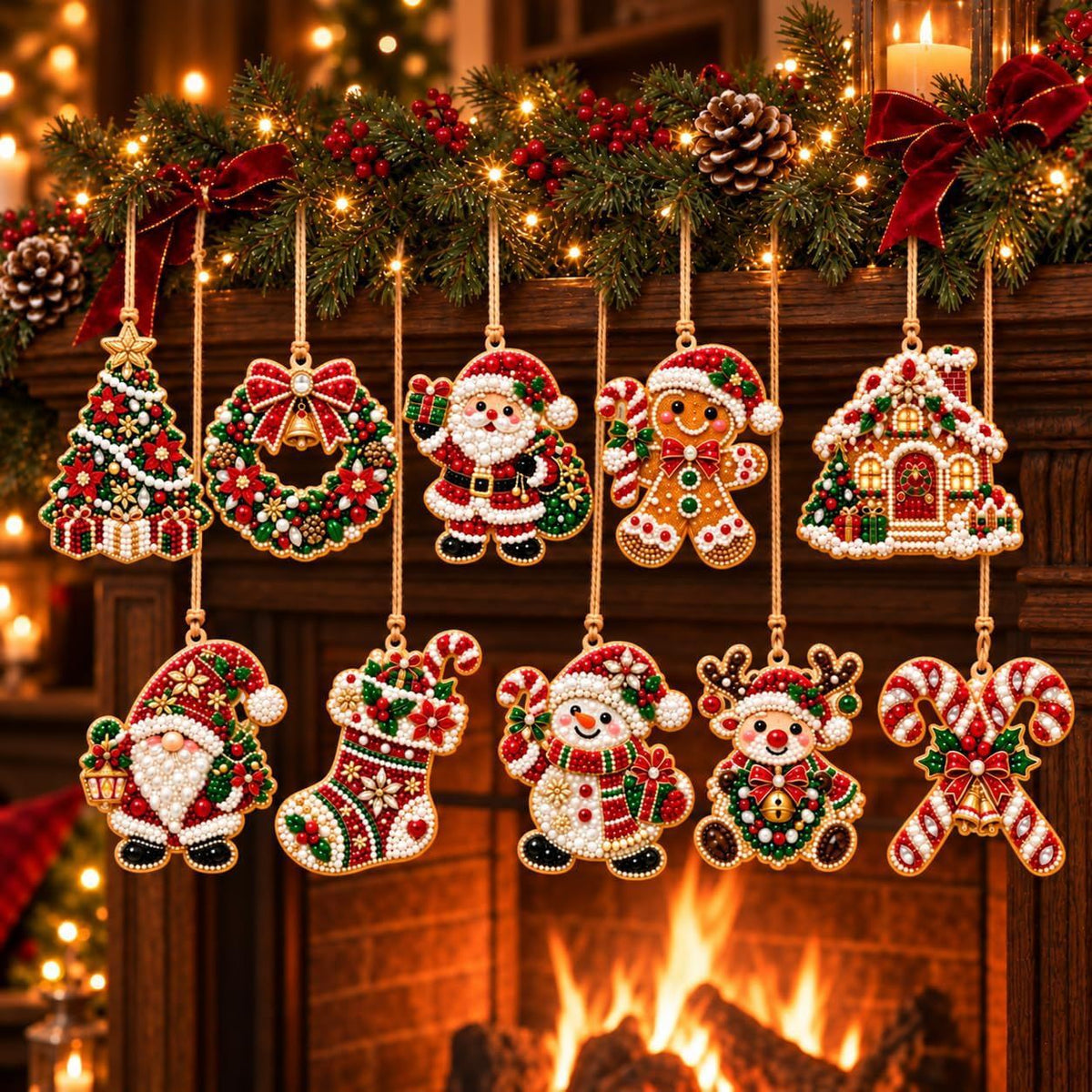 6-Piece DIY Christmas Ornament Diamond Art Kit with Pearls & Jute Twine, Hanging Decorations for Tree and Window