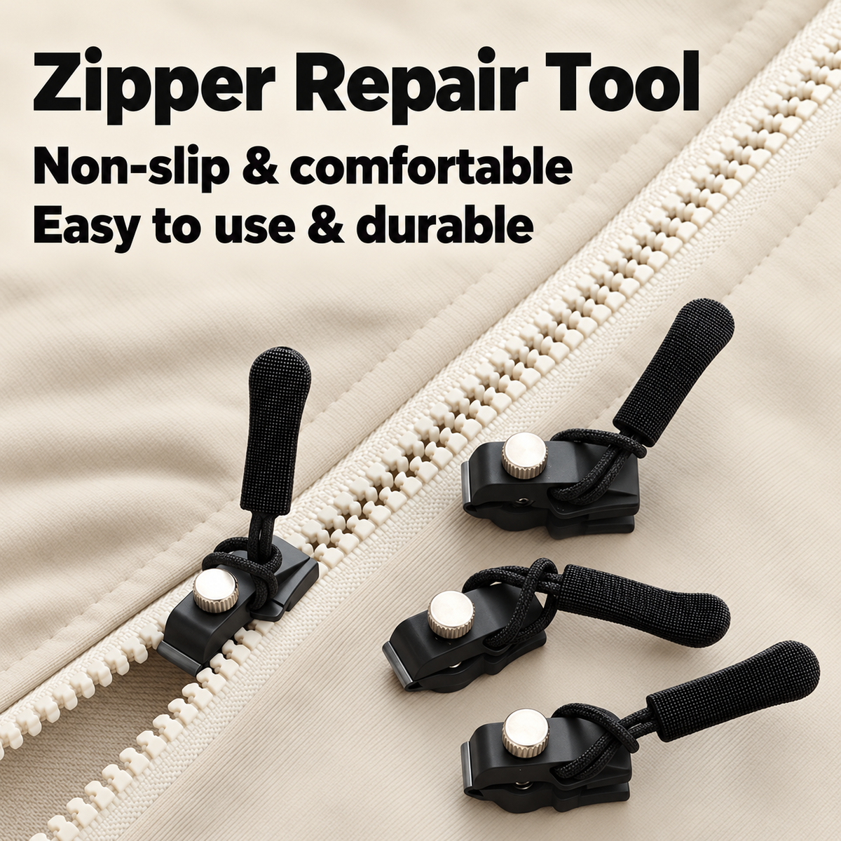 Black zipper repair sliders with long textured pull tabs on a cream fabric zipper.