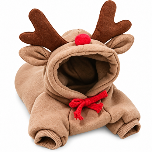 Dog Christmas Reindeer Hoodie - Small-Medium Sizes, Casual, Warmth - Festive Holiday Pet Costume Winter Apparel