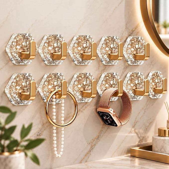 🔥 40% OFF | Crystal Hexagon Self-Adhesive Wall Hooks – Waterproof No-Drill Hooks for Towels, Keys & Home Organization