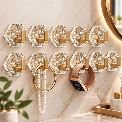🔥 40% OFF | Crystal Hexagon Self-Adhesive Wall Hooks – Waterproof No-Drill Hooks for Towels, Keys & Home Organization