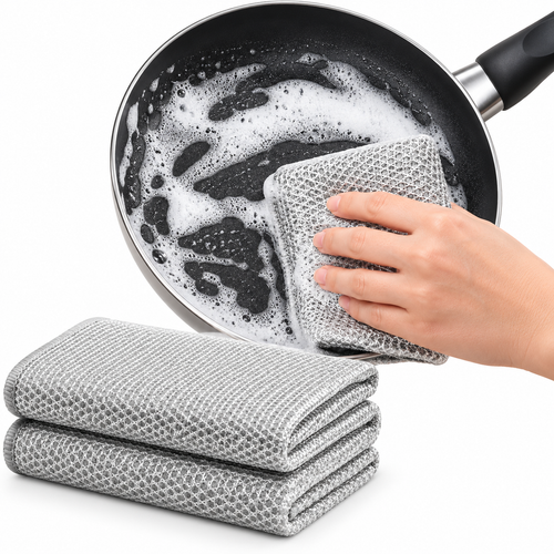 Heavy-duty metallic dishcloth – a scouring cloth for kitchen dishes and stovetops, designed to replace steel wool scrubbers.