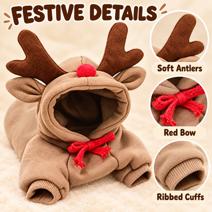 Dog Christmas Reindeer Hoodie - Small-Medium Sizes, Casual, Warmth - Festive Holiday Pet Costume Winter Apparel