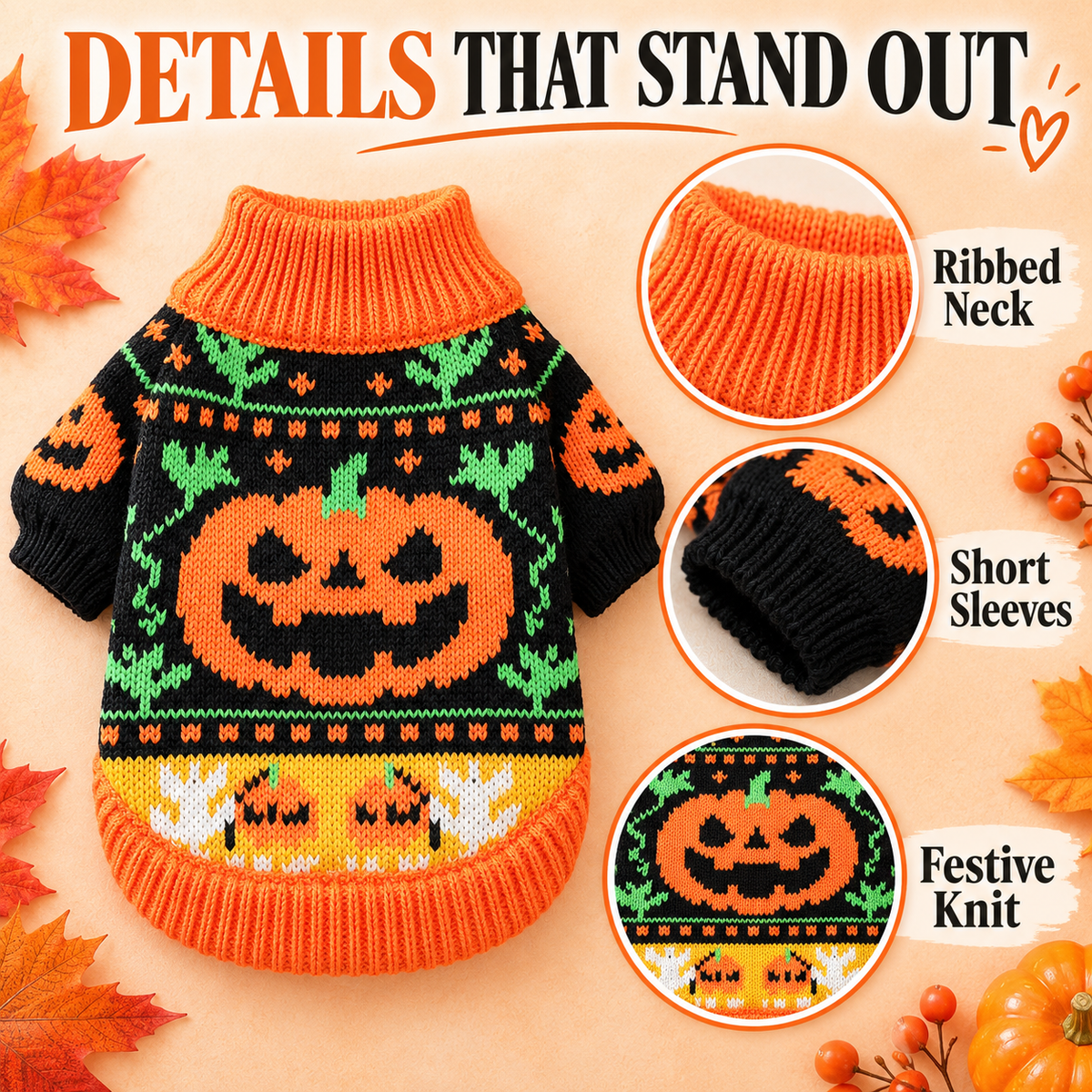 Halloween Knitted Jumper for Small-Medium Dogs & Cats, Cozy Fabric Pet Clothing with Pumpkin & Ghost Pattern, Cute Look Puppy Sweater Fall Outfit