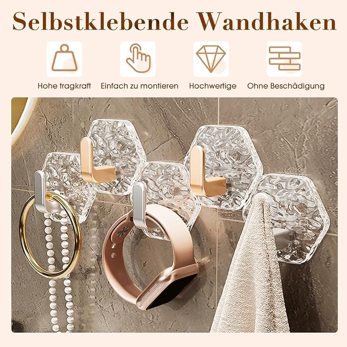 🔥 40% OFF | Crystal Hexagon Self-Adhesive Wall Hooks – Waterproof No-Drill Hooks for Towels, Keys & Home Organization