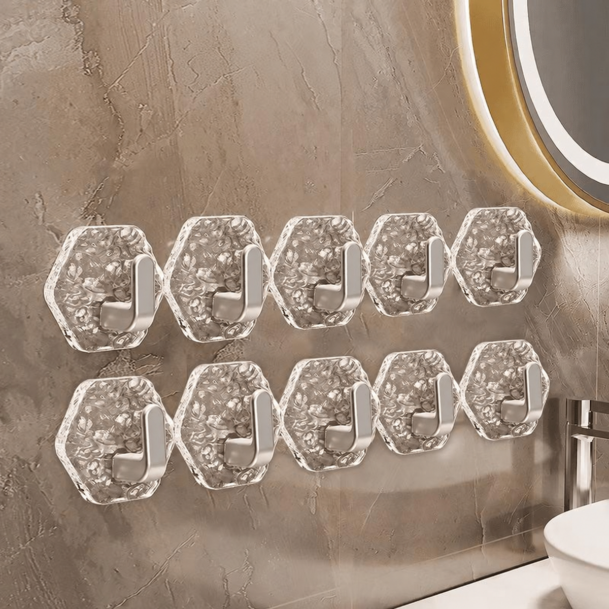 🔥 40% OFF | Crystal Hexagon Self-Adhesive Wall Hooks – Waterproof No-Drill Hooks for Towels, Keys & Home Organization