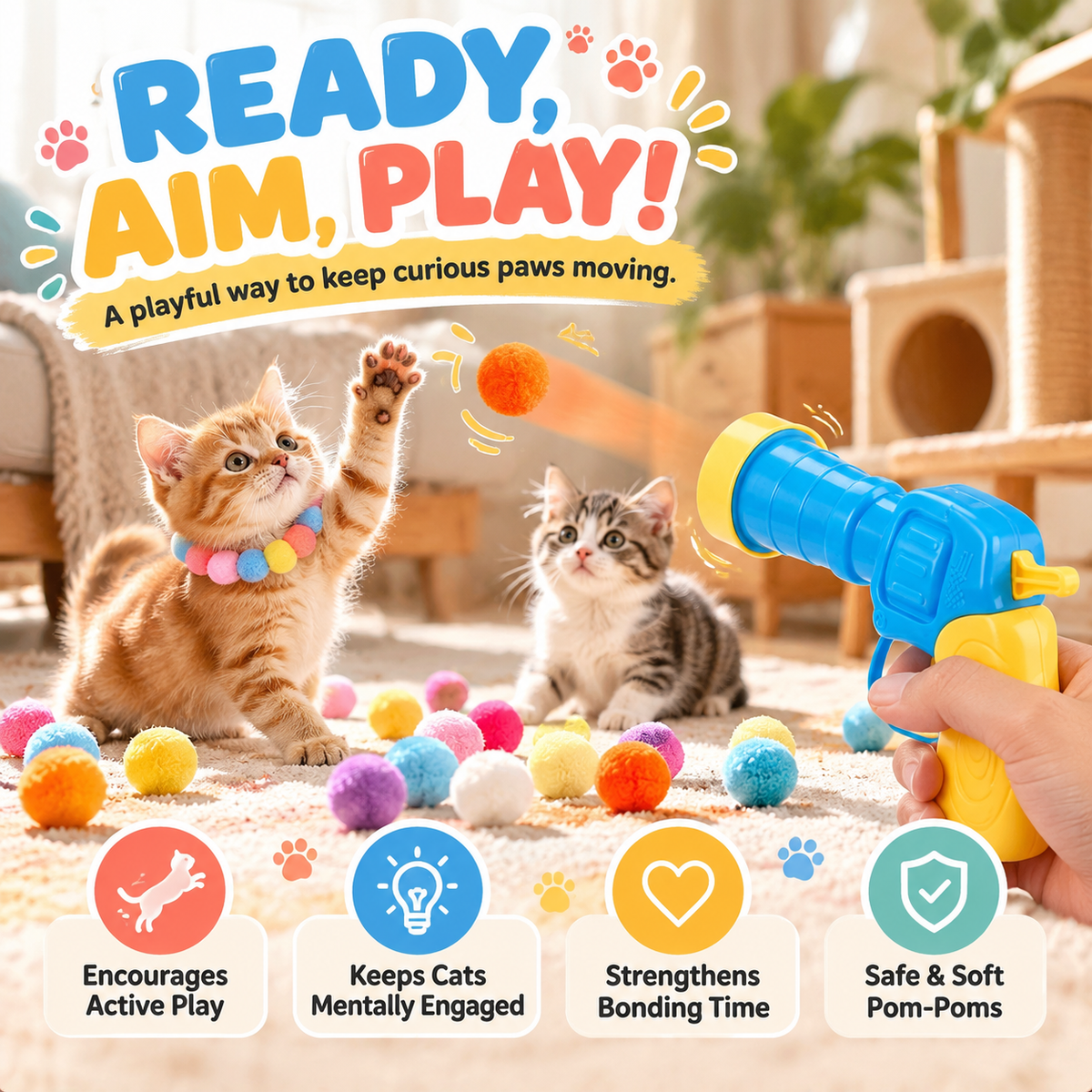 🔥 Playtime Just Got Cuter! 🐱 Cat Ball Launcher – Battery-Free, Easy-Launch Fun with Soft Pom-Poms for Indoor Play 🐾