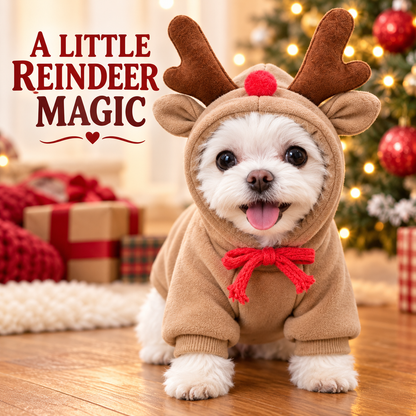Dog Christmas Reindeer Hoodie - Small-Medium Sizes, Casual, Warmth - Festive Holiday Pet Costume Winter Apparel