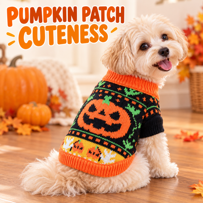 Halloween Knitted Jumper for Small-Medium Dogs & Cats, Cozy Fabric Pet Clothing with Pumpkin & Ghost Pattern, Cute Look Puppy Sweater Fall Outfit