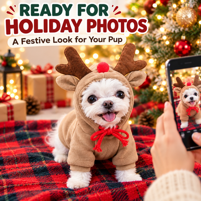 Dog Christmas Reindeer Hoodie - Small-Medium Sizes, Casual, Warmth - Festive Holiday Pet Costume Winter Apparel