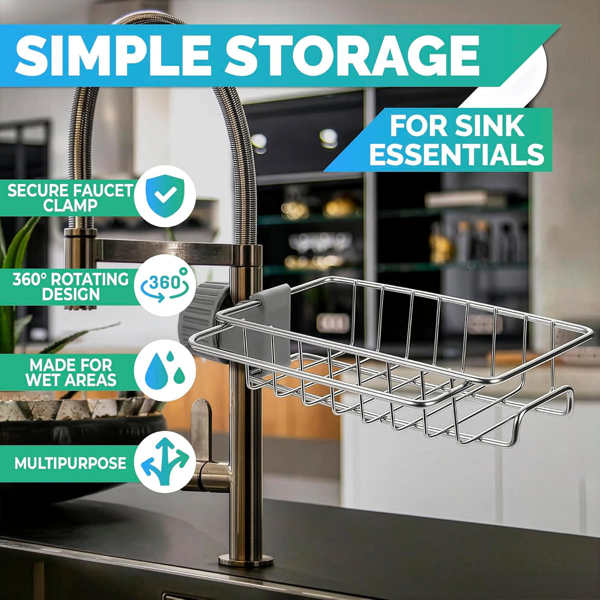 Kitchen Sink Faucet Organizer,Stainless Steel Detachable Hanging Faucet Drain Rack Faucets Storage Rack Sponge for Bathroom, Scrubbers, Soap and Dishcloth, 0-8kg Capacity Home Organizer for Kitchen Use