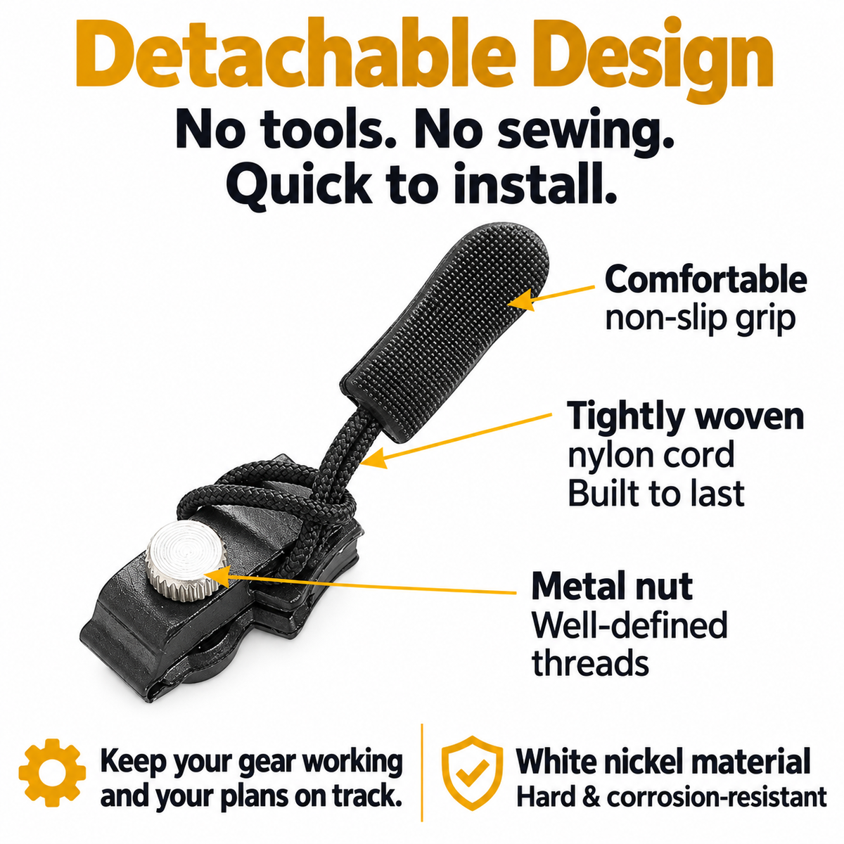 Product detail diagram highlighting the textured grip, woven nylon cord, and metal adjustment hardware.