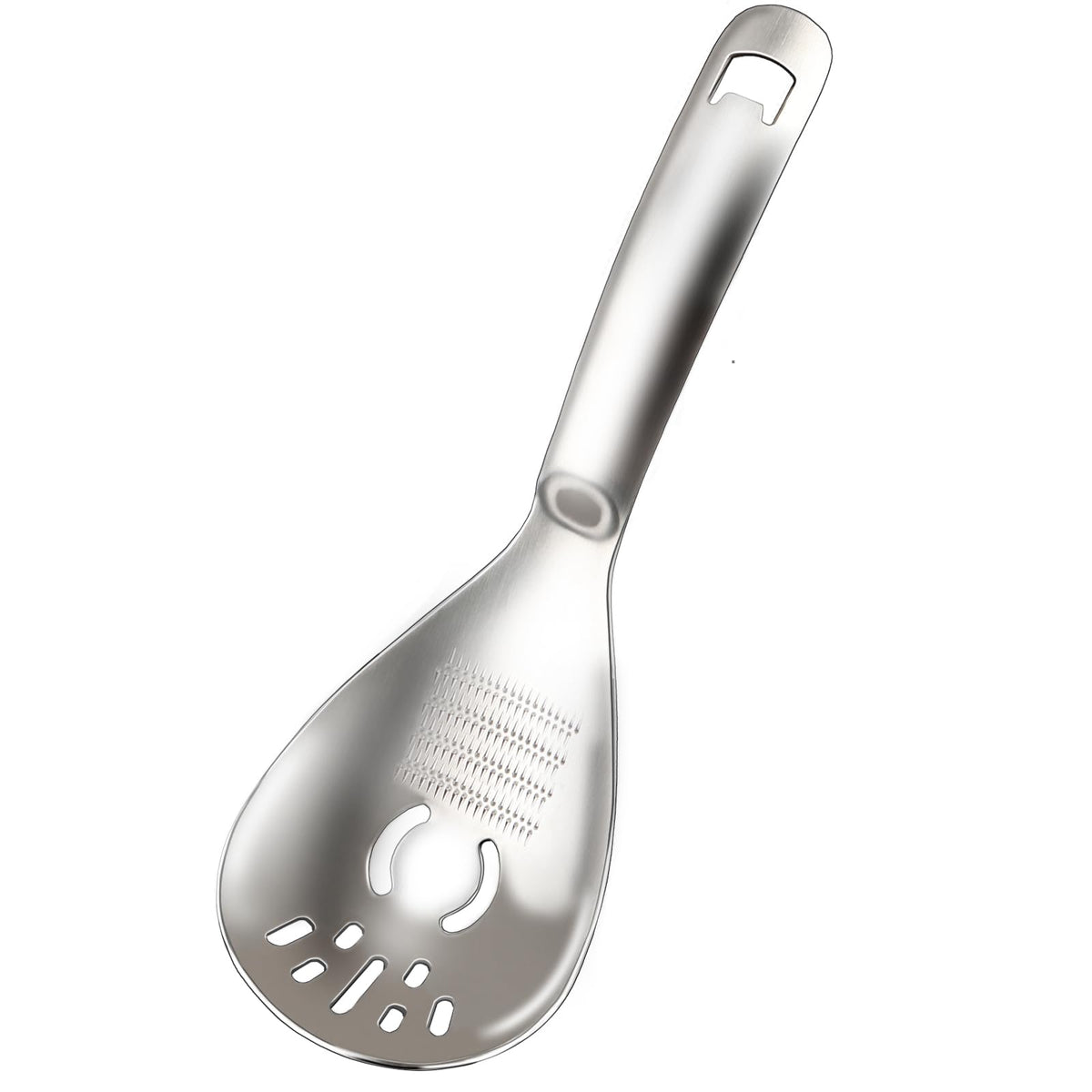 5 in 1 Multifunctional Cooking Spoon, 304 Stainless Steel Egg Yolk Separator for Raw Eggs, Potato Masher, Food Grater Plate, Slotted Spoon, and Bottle Opener - Heavy Duty Kitchen Utensil