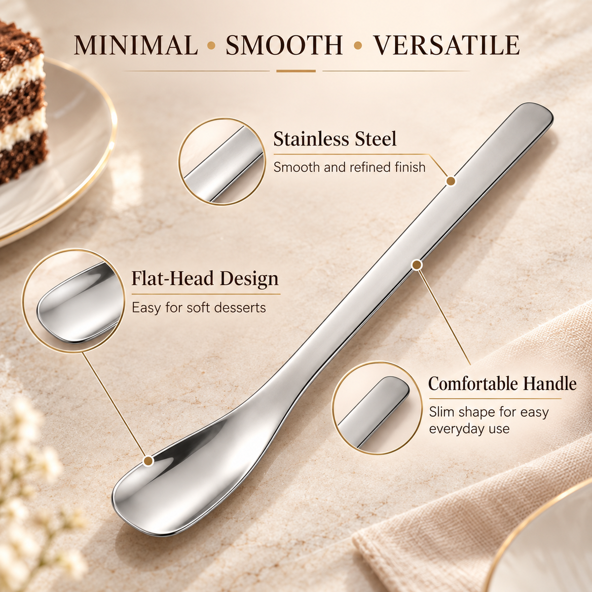 Stainless Steel Dessert Spoons, Modern Flat Head Cake Spoons with Square Tip Design, Elegant Small Spoons for Yogurt, Ice Cream, Coffee, and Desserts