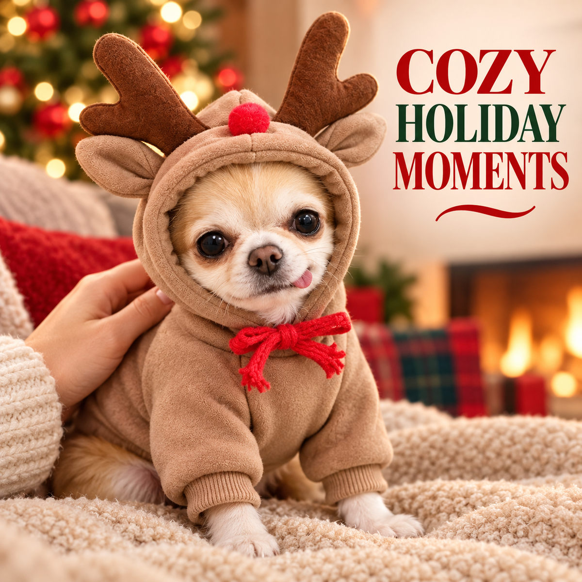 Dog Christmas Reindeer Hoodie - Small-Medium Sizes, Casual, Warmth - Festive Holiday Pet Costume Winter Apparel