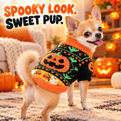 Halloween Knitted Jumper for Small-Medium Dogs & Cats, Cozy Fabric Pet Clothing with Pumpkin & Ghost Pattern, Cute Look Puppy Sweater Fall Outfit