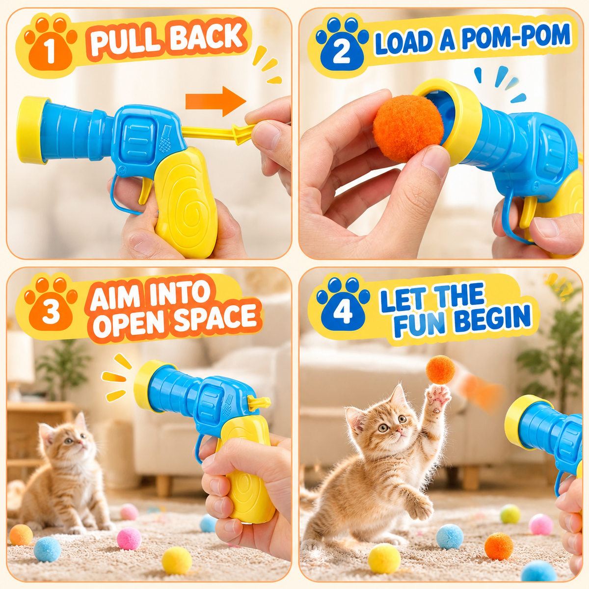🔥 Playtime Just Got Cuter! 🐱 Cat Ball Launcher – Battery-Free, Easy-Launch Fun with Soft Pom-Poms for Indoor Play 🐾