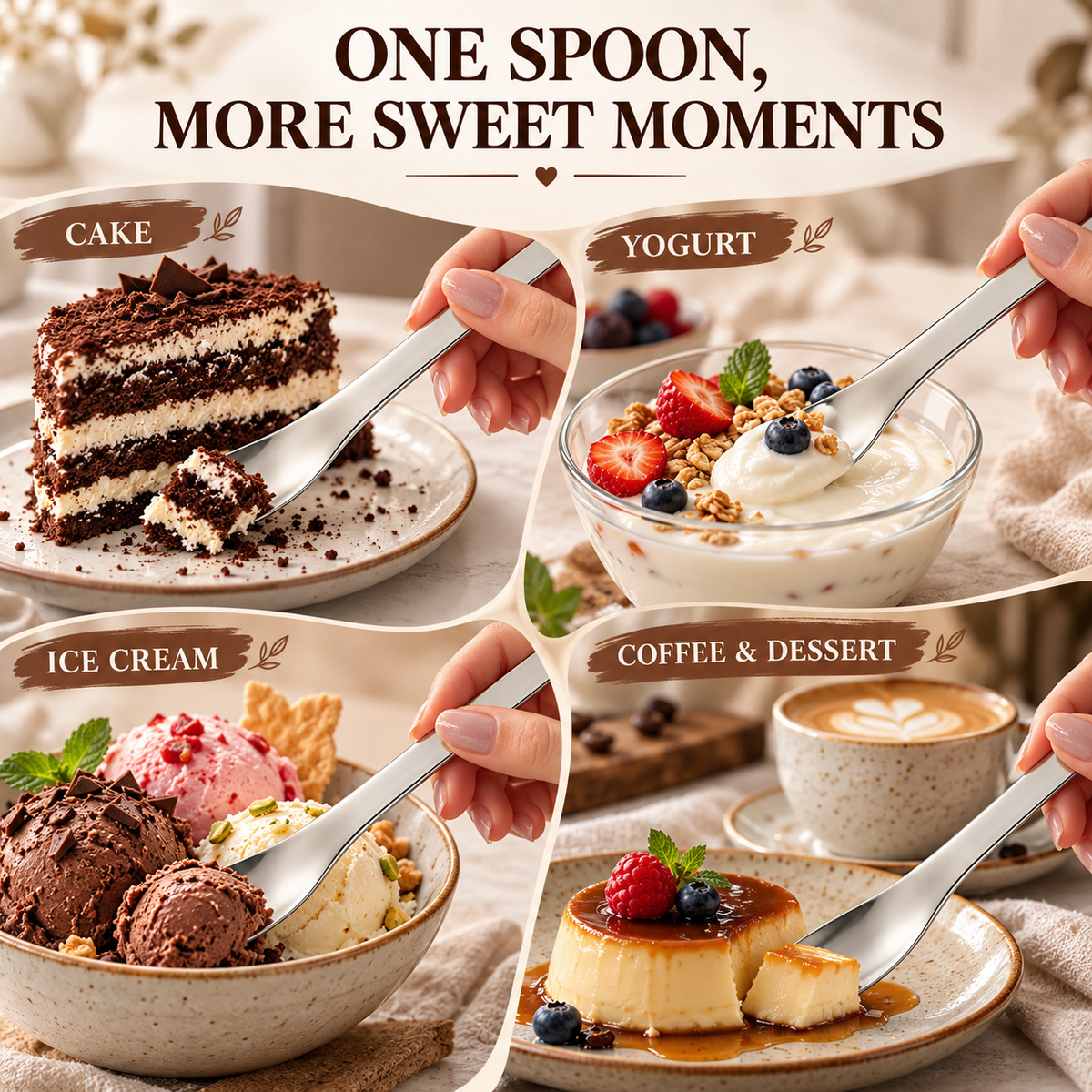 Stainless Steel Dessert Spoons, Modern Flat Head Cake Spoons with Square Tip Design, Elegant Small Spoons for Yogurt, Ice Cream, Coffee, and Desserts