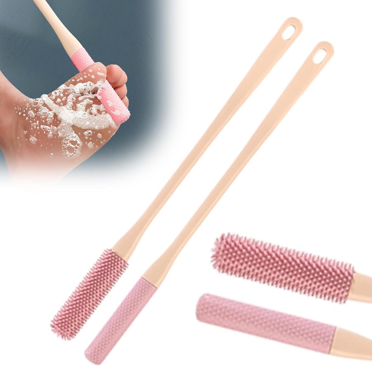 Long Handled Silicone Toe Gap Cleaning Brush, Soft Rubber Exfoliating Foot Scrubber for Shower, Crevice Cleaner for Seniors, Elderly, Men and Women