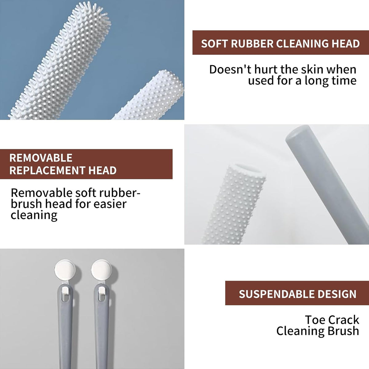 Long Handled Silicone Toe Gap Cleaning Brush, Soft Rubber Exfoliating Foot Scrubber for Shower, Crevice Cleaner for Seniors, Elderly, Men and Women