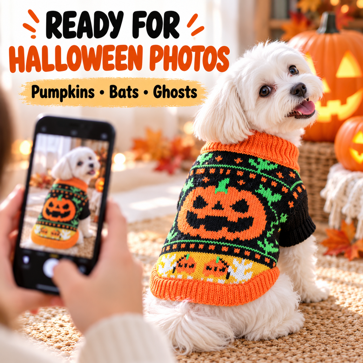 Halloween Knitted Jumper for Small-Medium Dogs & Cats, Cozy Fabric Pet Clothing with Pumpkin & Ghost Pattern, Cute Look Puppy Sweater Fall Outfit