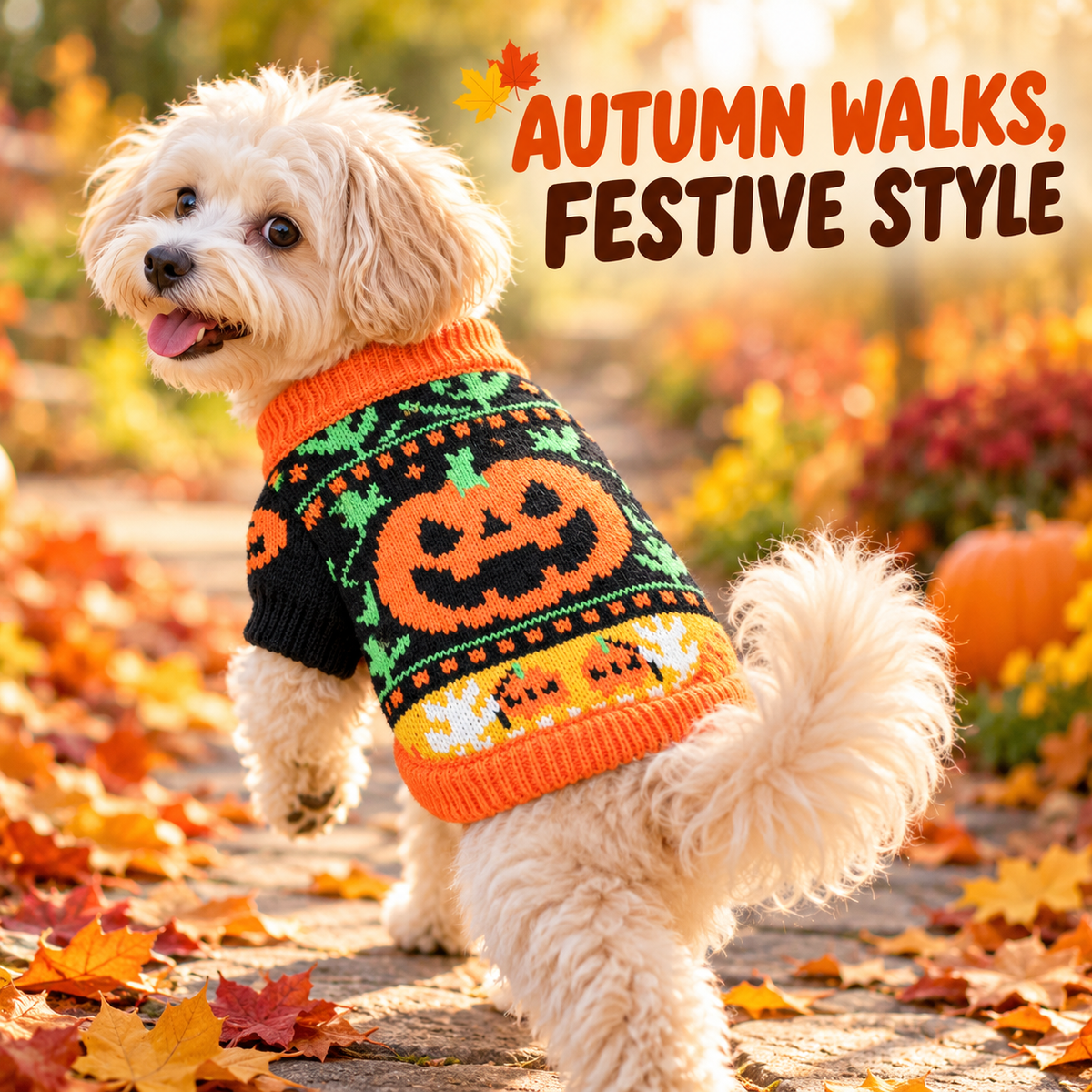 Halloween Knitted Jumper for Small-Medium Dogs & Cats, Cozy Fabric Pet Clothing with Pumpkin & Ghost Pattern, Cute Look Puppy Sweater Fall Outfit