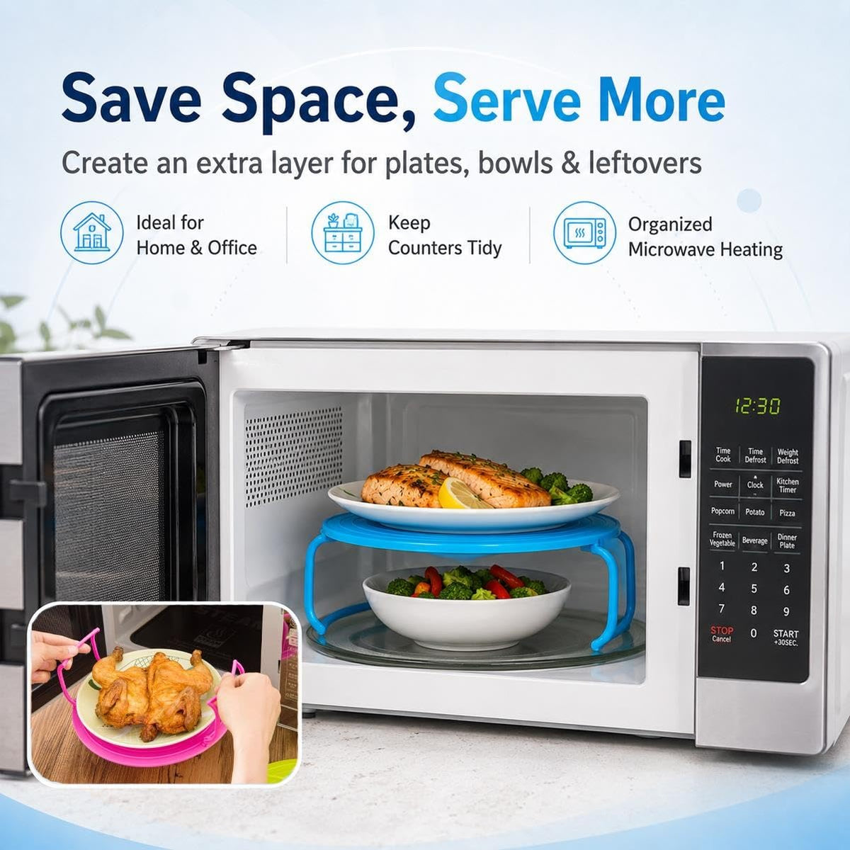🍽️ 2-Tier Microwave Rack – 3-in-1 Multipurpose Plate Stacker | Save Space, Heat More, Stay Organized! ✨