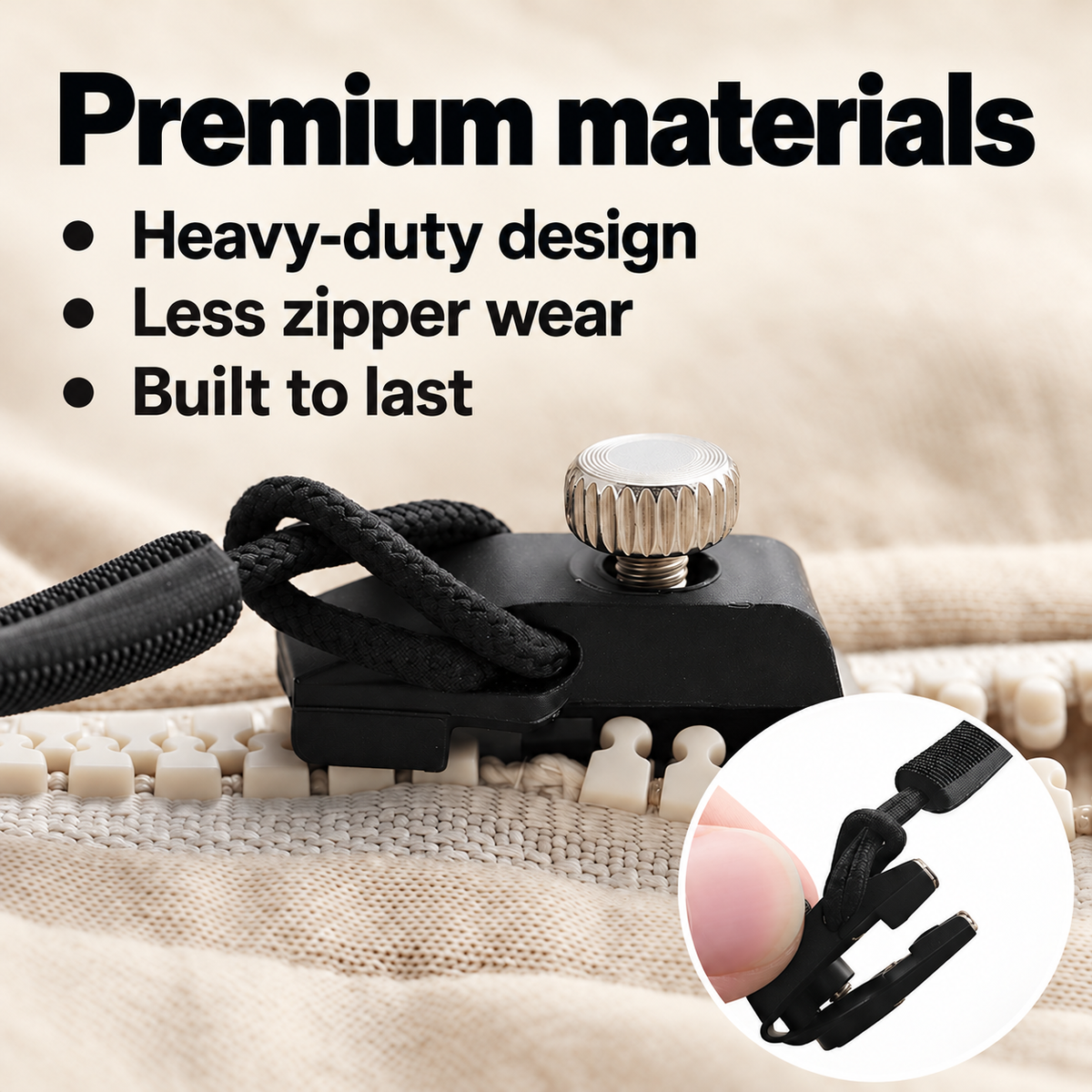 Close-up of a zipper repair slider showing its adjustment screw and detachable body.