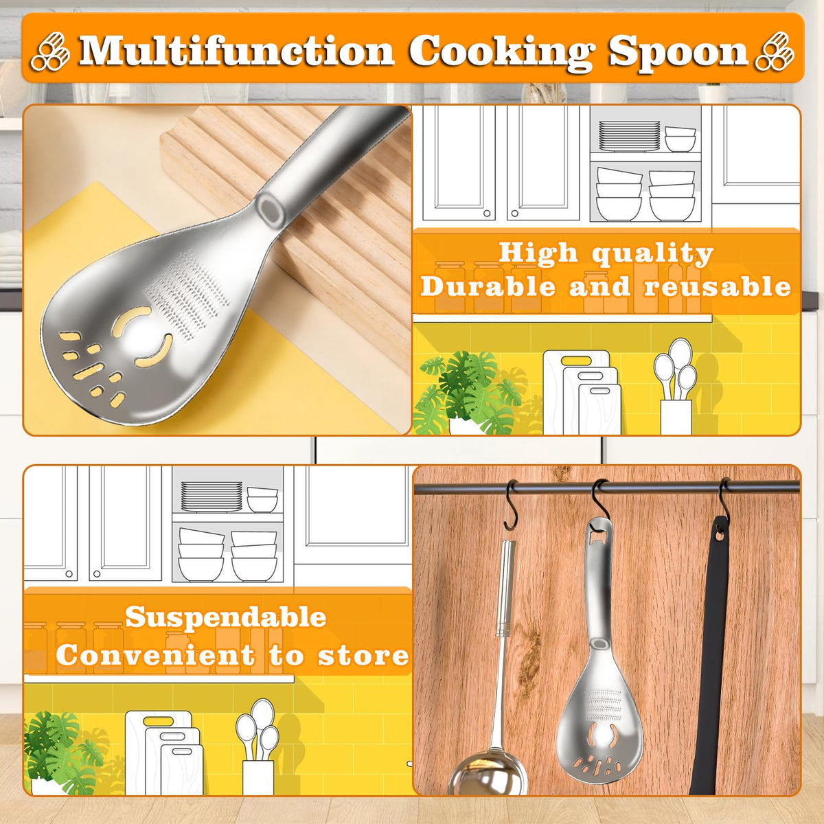 5 in 1 Multifunctional Cooking Spoon, 304 Stainless Steel Egg Yolk Separator for Raw Eggs, Potato Masher, Food Grater Plate, Slotted Spoon, and Bottle Opener - Heavy Duty Kitchen Utensil
