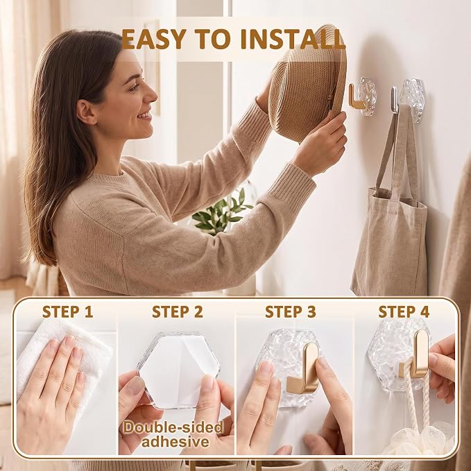 🔥 40% OFF | Crystal Hexagon Self-Adhesive Wall Hooks – Waterproof No-Drill Hooks for Towels, Keys & Home Organization