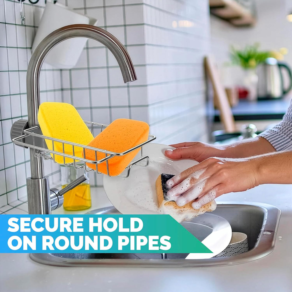 Kitchen Sink Faucet Organizer,Stainless Steel Detachable Hanging Faucet Drain Rack Faucets Storage Rack Sponge for Bathroom, Scrubbers, Soap and Dishcloth, 0-8kg Capacity Home Organizer for Kitchen Use
