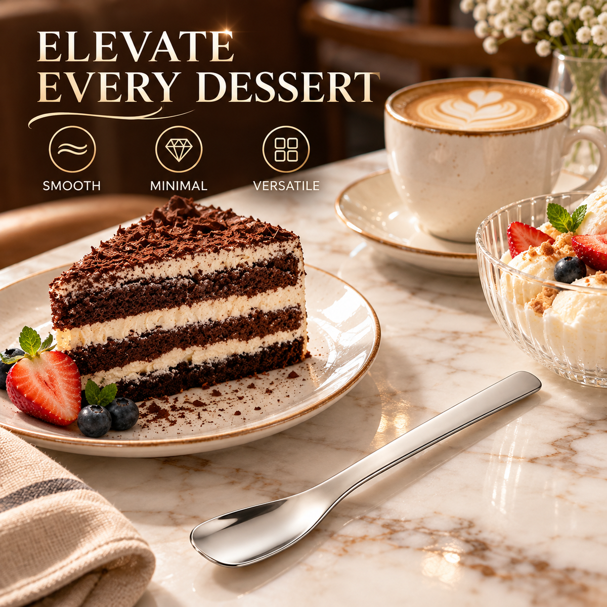 Stainless Steel Dessert Spoons, Modern Flat Head Cake Spoons with Square Tip Design, Elegant Small Spoons for Yogurt, Ice Cream, Coffee, and Desserts