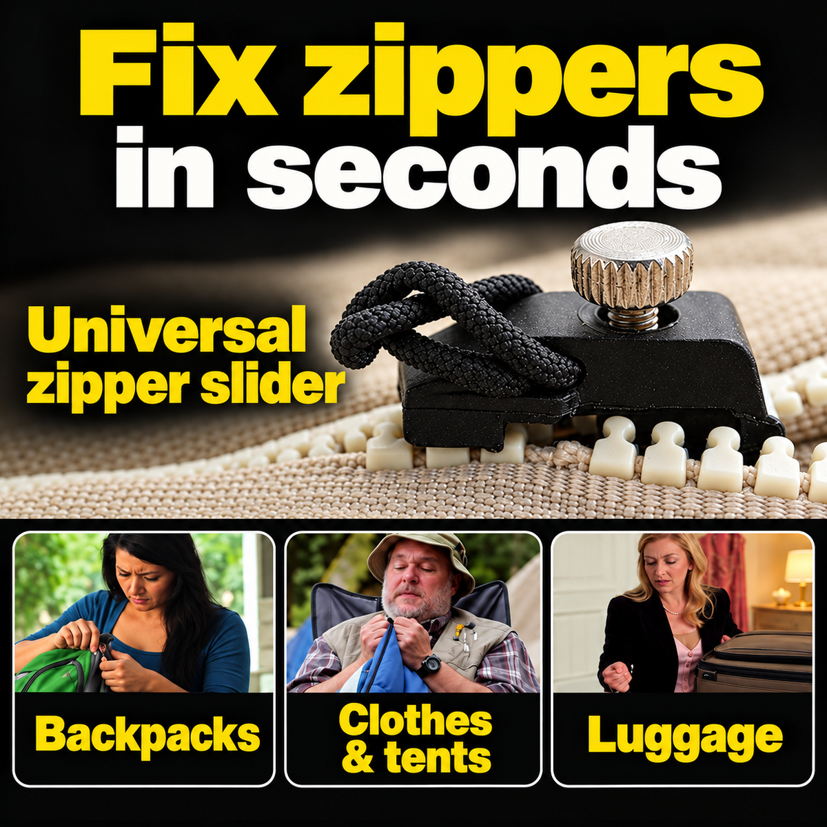 Zipper repair slider shown with use cases for backpacks, clothing, tents, and luggage.