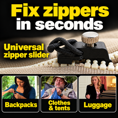 Zipper repair slider shown with use cases for backpacks, clothing, tents, and luggage.
