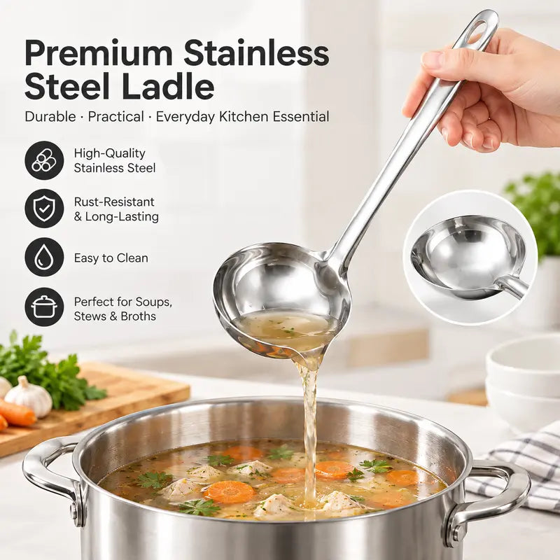 Count Stainless Steel Soup Ladle Utensils - Built-in Spout Drip-Free Pouring Design, Long Handle with Hanging Hole for Kitchen Cooking, Serving Soups