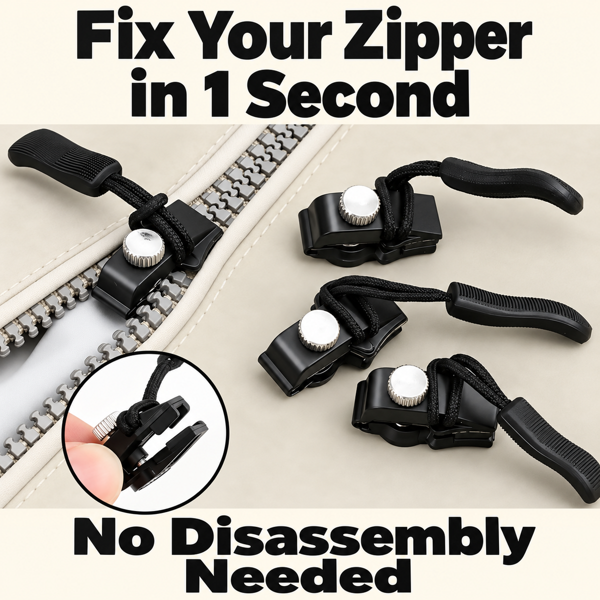 Black detachable zipper repair sliders with silver adjustment screws and textured pull tabs.