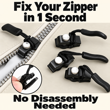 Black detachable zipper repair sliders with silver adjustment screws and textured pull tabs.