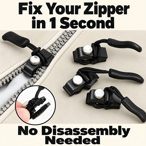 Black detachable zipper repair sliders with silver adjustment screws and textured pull tabs.
