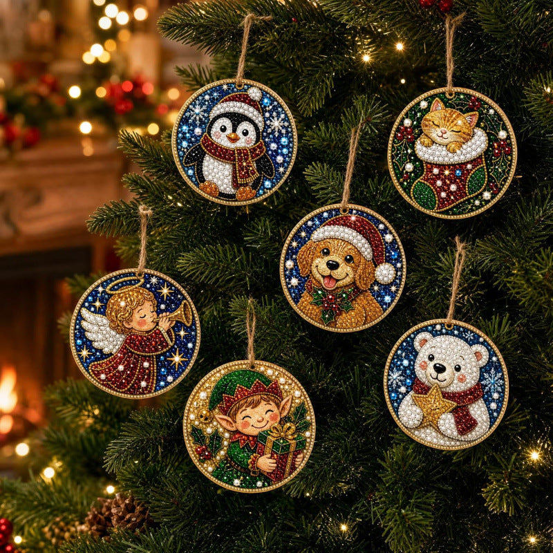 6-Piece DIY Christmas Ornament Diamond Art Kit with Pearls & Jute Twine, Hanging Decorations for Tree and Window