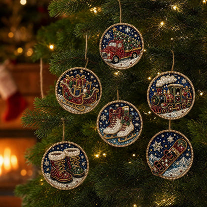 6-Piece DIY Christmas Ornament Diamond Art Kit with Pearls & Jute Twine, Hanging Decorations for Tree and Window
