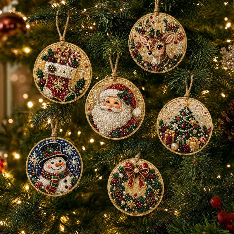 6-Piece DIY Christmas Ornament Diamond Art Kit with Pearls & Jute Twine, Hanging Decorations for Tree and Window