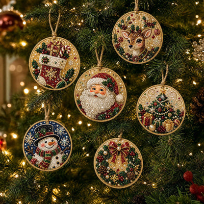 6-Piece DIY Christmas Ornament Diamond Art Kit with Pearls & Jute Twine, Hanging Decorations for Tree and Window