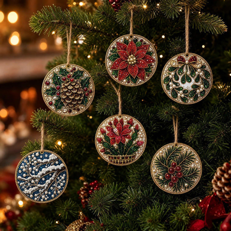 6-Piece DIY Christmas Ornament Diamond Art Kit with Pearls & Jute Twine, Hanging Decorations for Tree and Window