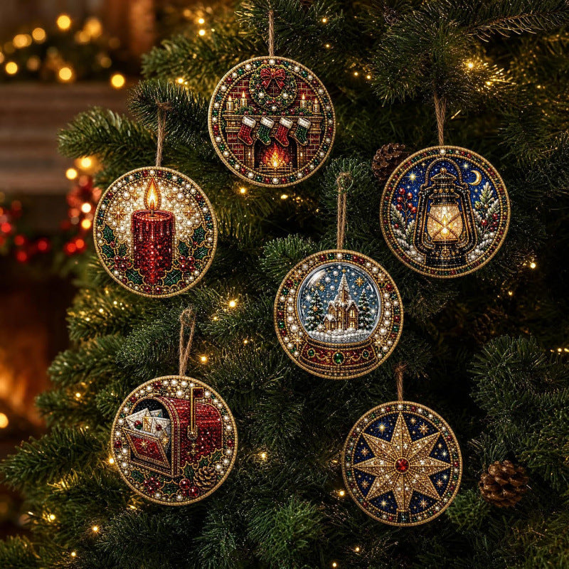 6-Piece DIY Christmas Ornament Diamond Art Kit with Pearls & Jute Twine, Hanging Decorations for Tree and Window