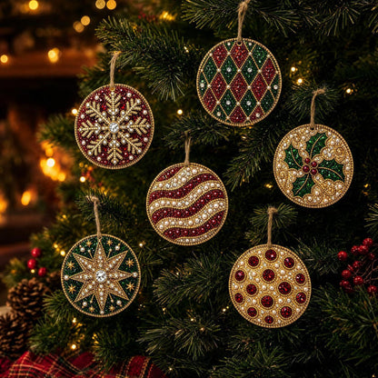 6-Piece DIY Christmas Ornament Diamond Art Kit with Pearls & Jute Twine, Hanging Decorations for Tree and Window